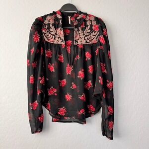 Free People Embroidered Floral Blouse Ruffle‎ Neck Long Sleeve XS